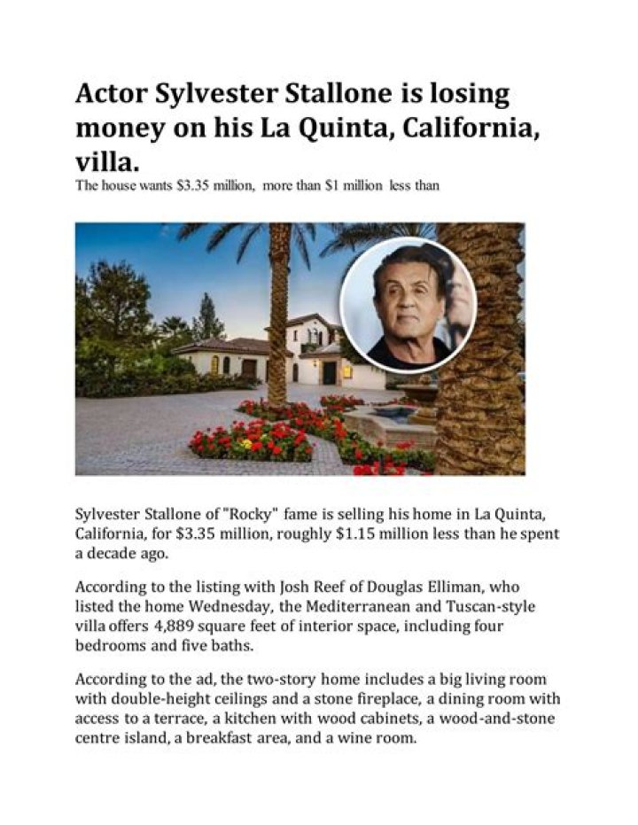 Sylvester Stallone Selling His La Quinta CA Home For $3.35 Million