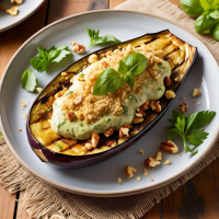 Loaded Grilled Aubergine with Creamy Herb Sauce